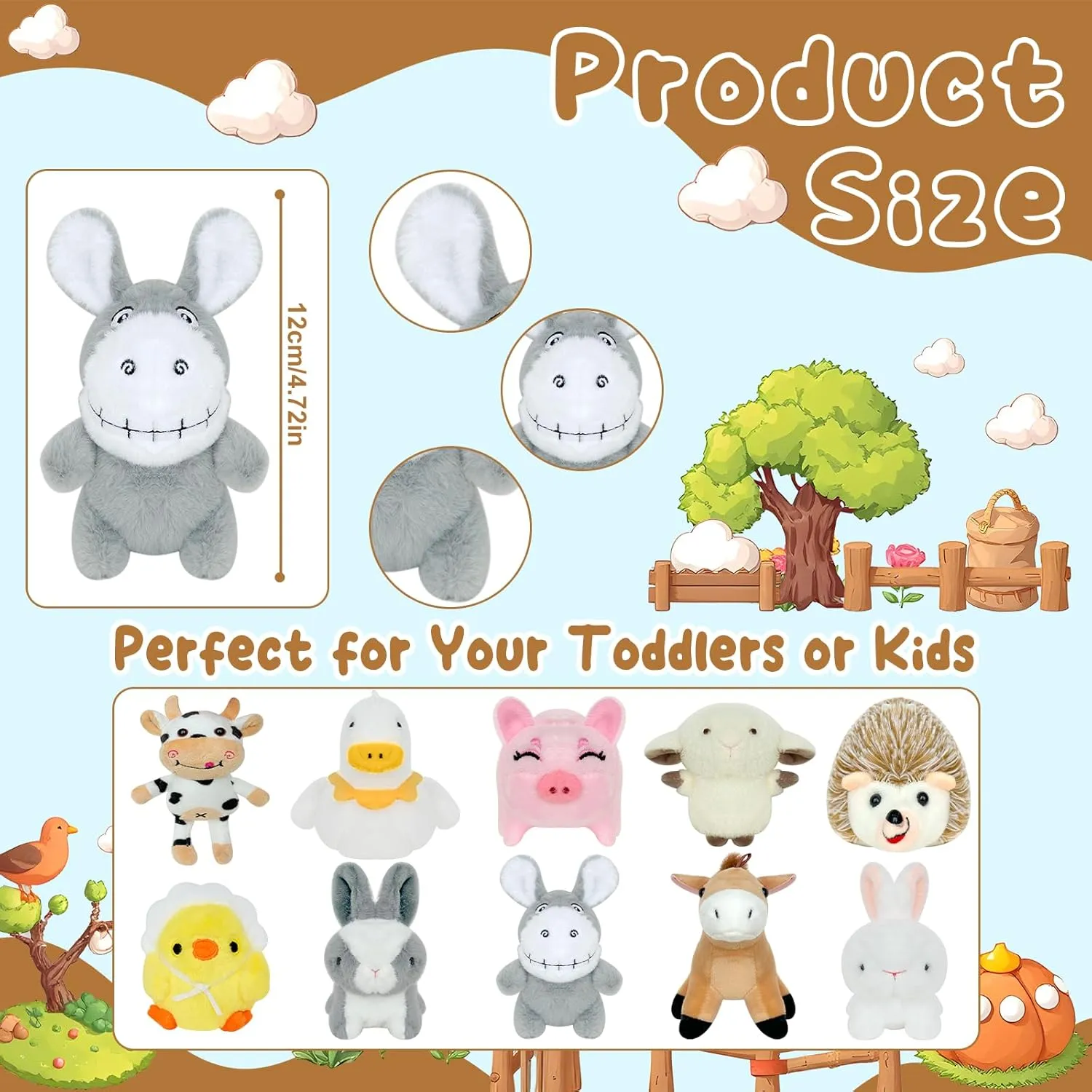 10 Pcs Mini Stuffed Farm Animals Bulk 4.72 Inch Farm Animals Plush Cute Chick Horse Duck Sheep Rabbit Cow Pig Donkey Hedgehog for Farm Party Favors Goodie Bag Fillers Home Decor Classroom Prizes
