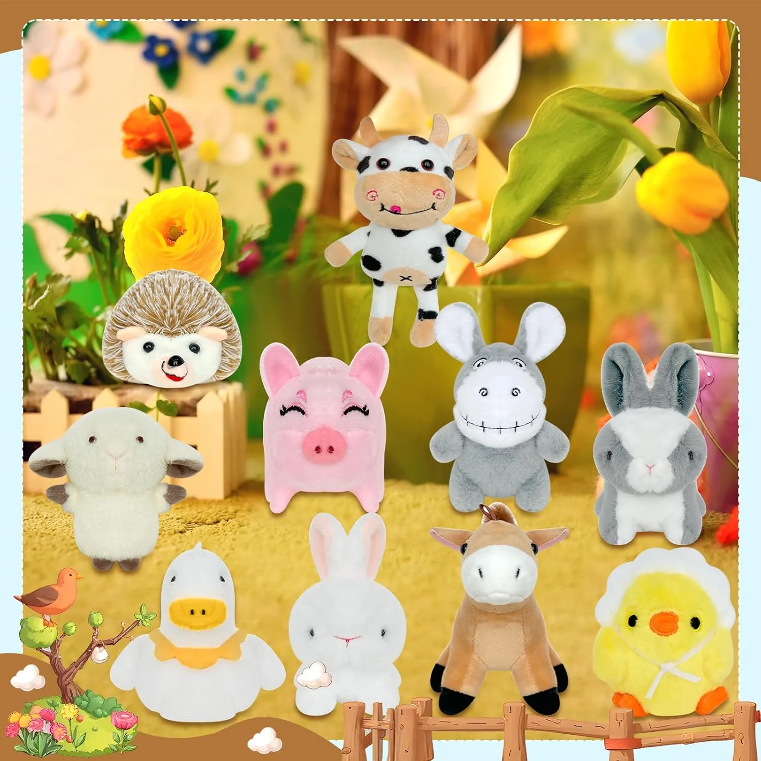 10 Pcs Mini Stuffed Farm Animals Bulk 4.72 Inch Farm Animals Plush Cute Chick Horse Duck Sheep Rabbit Cow Pig Donkey Hedgehog for Farm Party Favors Goodie Bag Fillers Home Decor Classroom Prizes