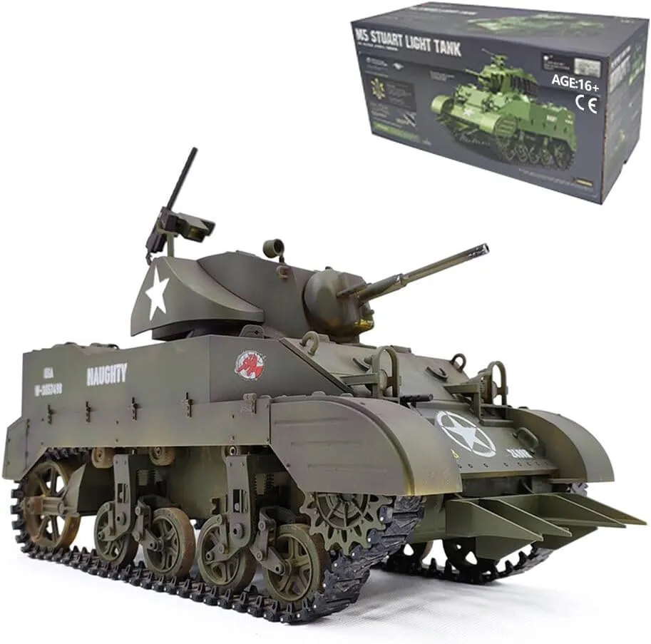 1/16 2.4G Remote Control Light Tank, US M5A1 Stuart Tank Simulated Military Vehicle Model with Sound Light Smoke Effects, Gift for The RC Model Car Enthusiast and Adults