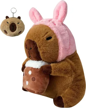 12 Inch Capybara Plush Toy Large Cute Capybara Stuffed Animal Plushie Soft Peluche Pillow with Keychain Set for Kids Boys Girls (Pink Rabbit Hat)