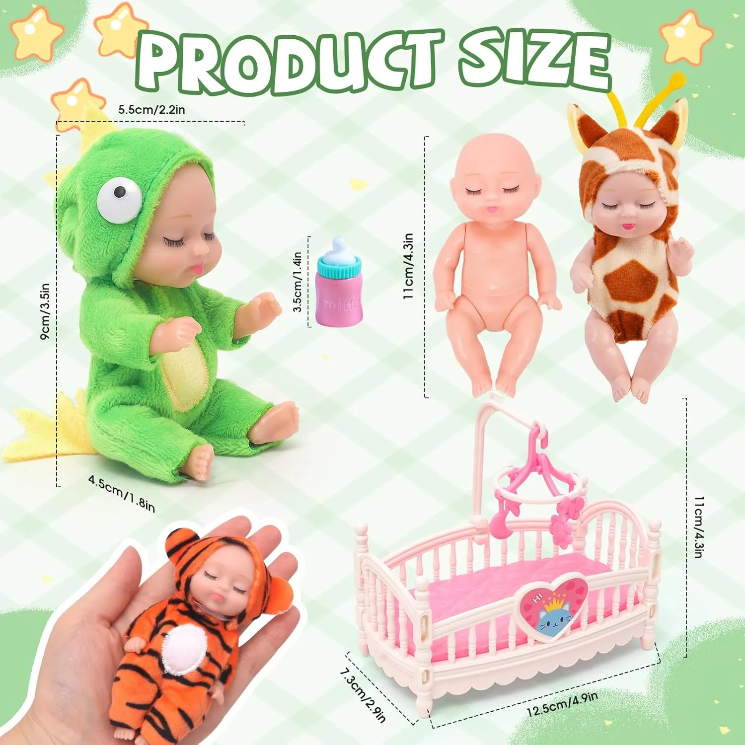 12 PCS Mini Baby Dolls Set, Reborn Baby Doll 4 Inch with Feeding Bottles for Kids 3 , Girls Birthday Party Favors Realistic Babies with Animal Clothes for Easter Egg Filler
