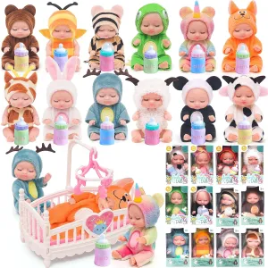 12 PCS Mini Baby Dolls Set, Reborn Baby Doll 4 Inch with Feeding Bottles for Kids 3 , Girls Birthday Party Favors Realistic Babies with Animal Clothes for Easter Egg Filler