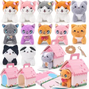 12 Pcs Mini Plush Kitty Set Stuffed Cats, Cat Party Favors with Keychain Gift Toys with Carton House, Kids Birthday Christmas Party Gift