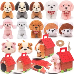 12 Pcs Mini Plush Puppy Set, Dog Party Favors with Keychain Gift Toys with Carton Dog House, Kids Baby Show Birthday Christmas Party