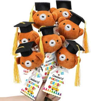 12 Sets Preschool Graduation Gifts Bear Bouquet with Card Mini Graduation Bears End of The School Gifts for Kids Students 2025 Grad Party Table Decor Keepsake Photo Props Vase Filler