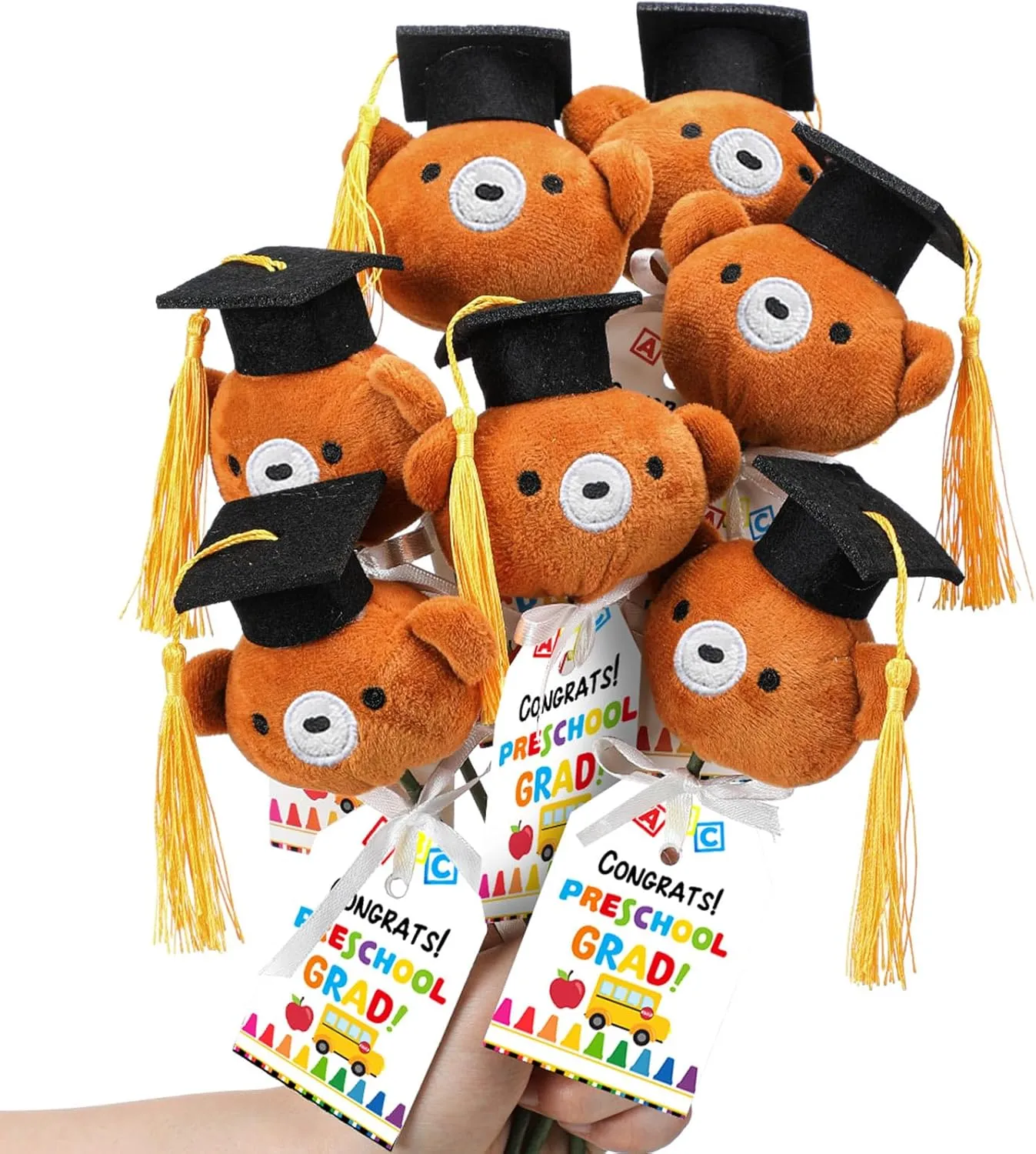 12 Sets Preschool Graduation Gifts Bear Bouquet with Card Mini Graduation Bears End of The School Gifts for Kids Students 2025 Grad Party Table Decor Keepsake Photo Props Vase Filler