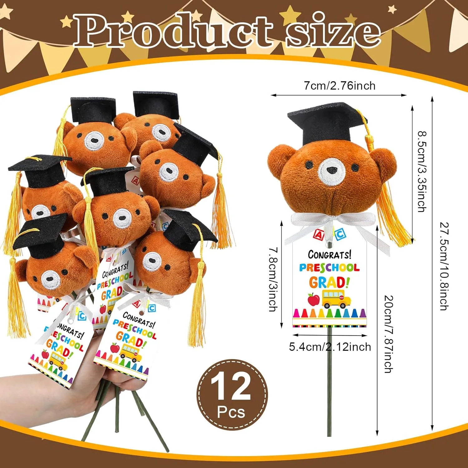 12 Sets Preschool Graduation Gifts Bear Bouquet with Card Mini Graduation Bears End of The School Gifts for Kids Students 2025 Grad Party Table Decor Keepsake Photo Props Vase Filler