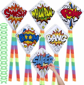 12 Pcs DIY Hero Kites for Kids Bulk Color Your Own Diamond Shaped Kites Making Kit with 12 String and Long Tails Decorating Coloring Pack for Kids Outdoor Games Beach Park