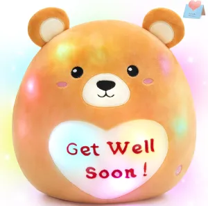 12" Light Up Get Well Soon Bear Cute Bear Stuffed Animal Soft LED Glow Teddy Bear Plush Toy Get Well Soon Gifts for Kids Patient Feel Better for Women Men, Brown