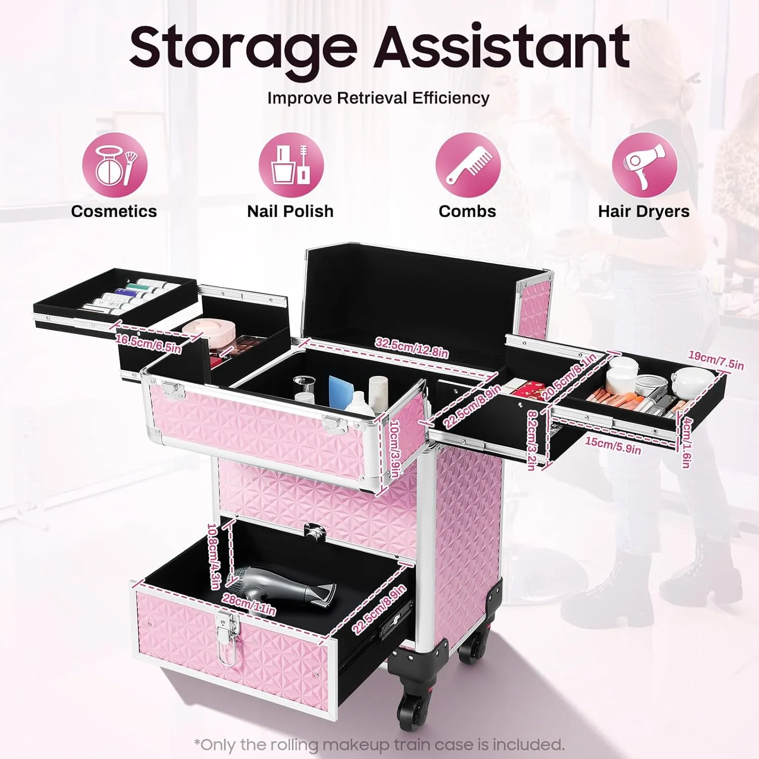 13.4*9.8*18.5inch Rolling Nail Case Wheeled Manicure Storage Case Polish Organizer 44.09lbs Professional Makeup Trolley for Studio or Travelling Nail Technician Artists Cosmetologist Stylist (Pink)