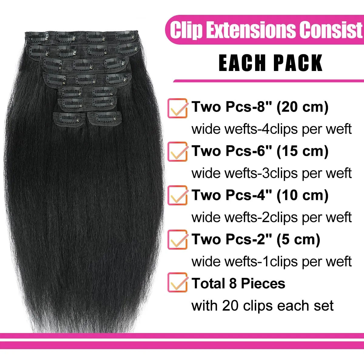 16 Inch Kinky Straight Clip in Hair Extensions Real Human Hair for Women 8Pcs 130g Yaki Straight Clip ins Brazilian Remy Human Hair Extensions Yaki clip ins hair extensions double weft with 20clips