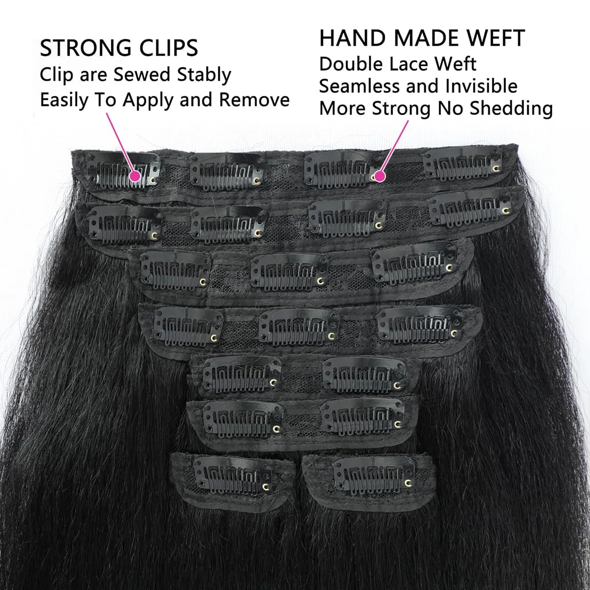 16 Inch Kinky Straight Clip in Hair Extensions Real Human Hair for Women 8Pcs 130g Yaki Straight Clip ins Brazilian Remy Human Hair Extensions Yaki clip ins hair extensions double weft with 20clips