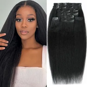 16 Inch Kinky Straight Clip in Hair Extensions Real Human Hair for Women 8Pcs 130g Yaki Straight Clip ins Brazilian Remy Human Hair Extensions Yaki clip ins hair extensions double weft with 20clips