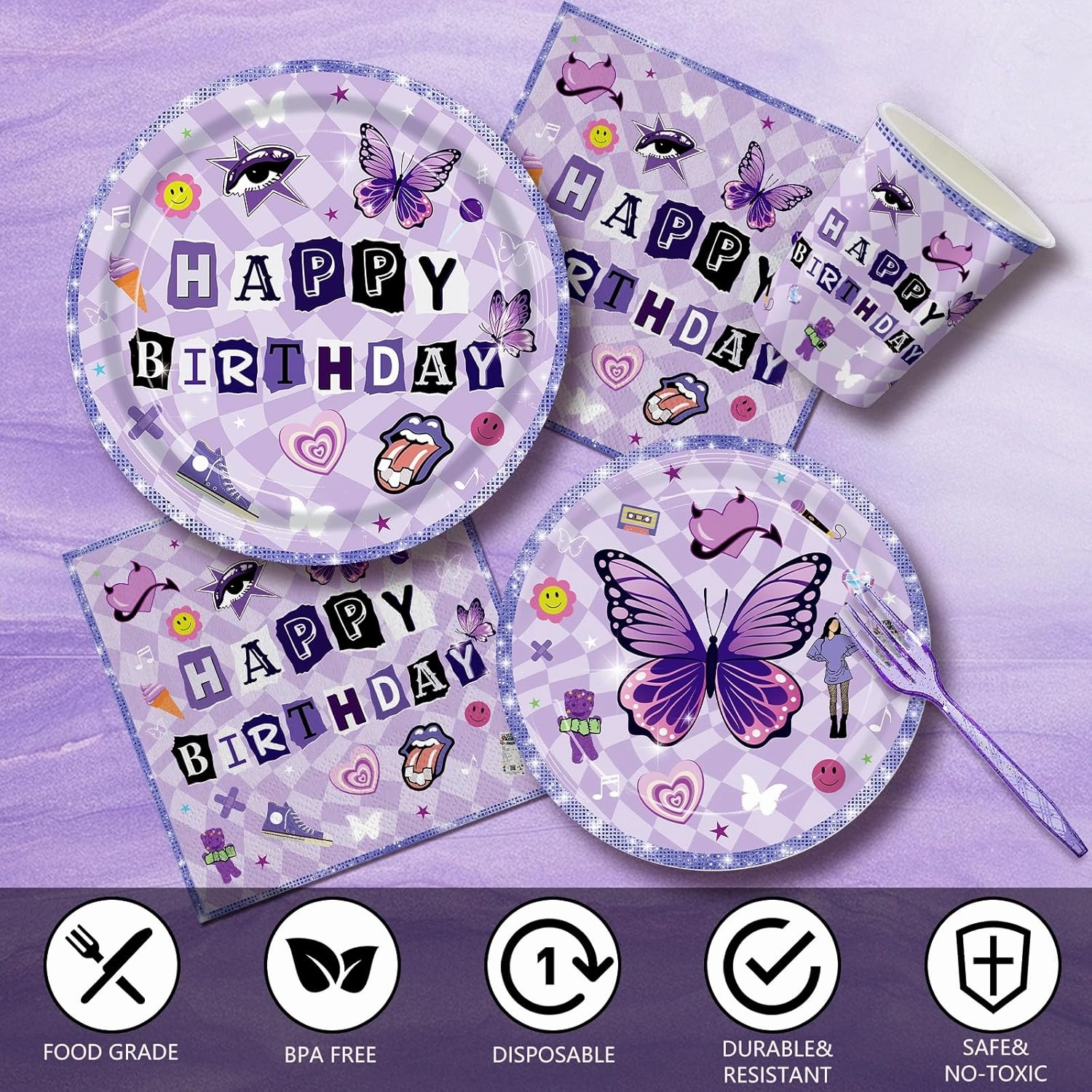 168pcs Music Birthday Party Supplies Paper Plates Napkins Paper Cups Musical Disposable Tableware Set for Girls Birthday Party Decor Serve 24