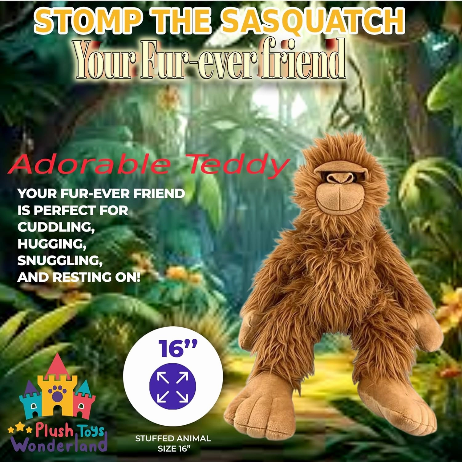 16" Stomp The Sasquatch Bigfoot Plush Toy, Adorable and Durable Sasquatch Friend with Long Fur and Plastic Eyes for Kids and Collectors