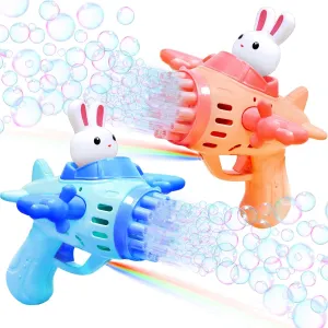 2 Pack Easter Lighted Bunny Bubble Gun Toys for Kids Toddlers Easter Gifts Basket Stuffers Essential, Light Up Bubble Blower Machine with Solution for Kids Boys Girls Outdoor Games Party Favors