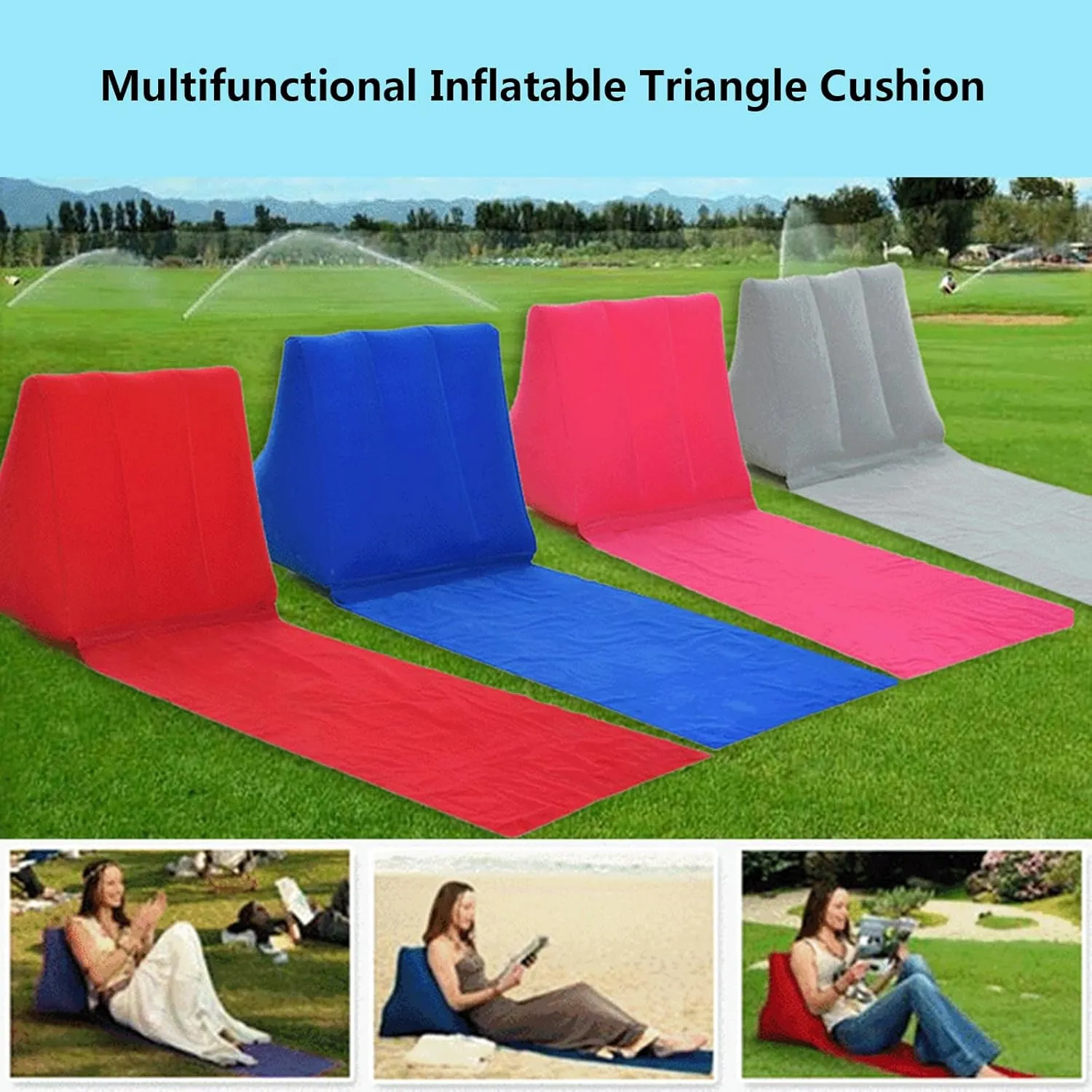 2 Pack Inflatable Beach Mat Lounge Chair with Back Pillow Outdoor Folding Sun Bath Beach Mat Reclining Lounger Portable Flocked Leisure Beach Chair for Camping Lawn Picnic Travel ,One Size, Sky Blue