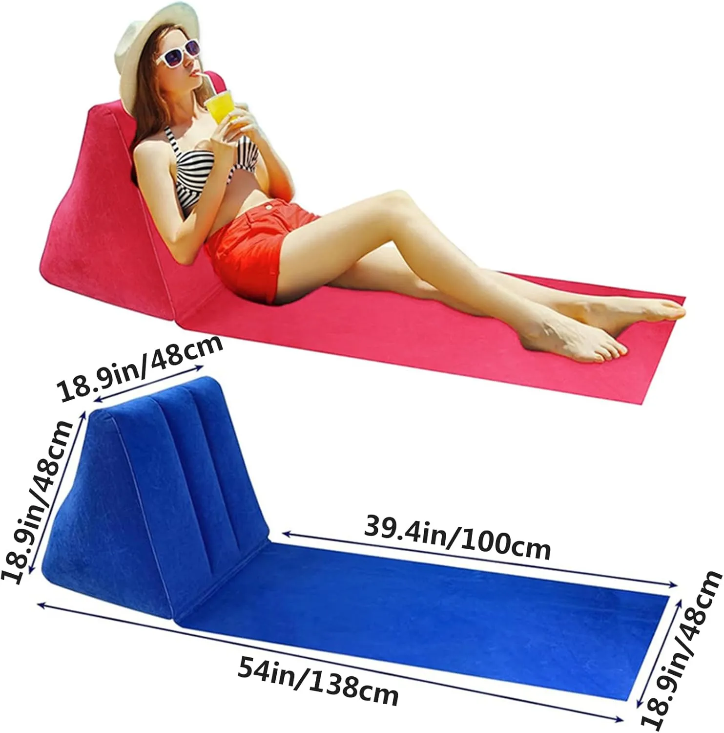 2 Pack Inflatable Beach Mat Lounge Chair with Back Pillow Outdoor Folding Sun Bath Beach Mat Reclining Lounger Portable Flocked Leisure Beach Chair for Camping Lawn Picnic Travel ,One Size, Sky Blue