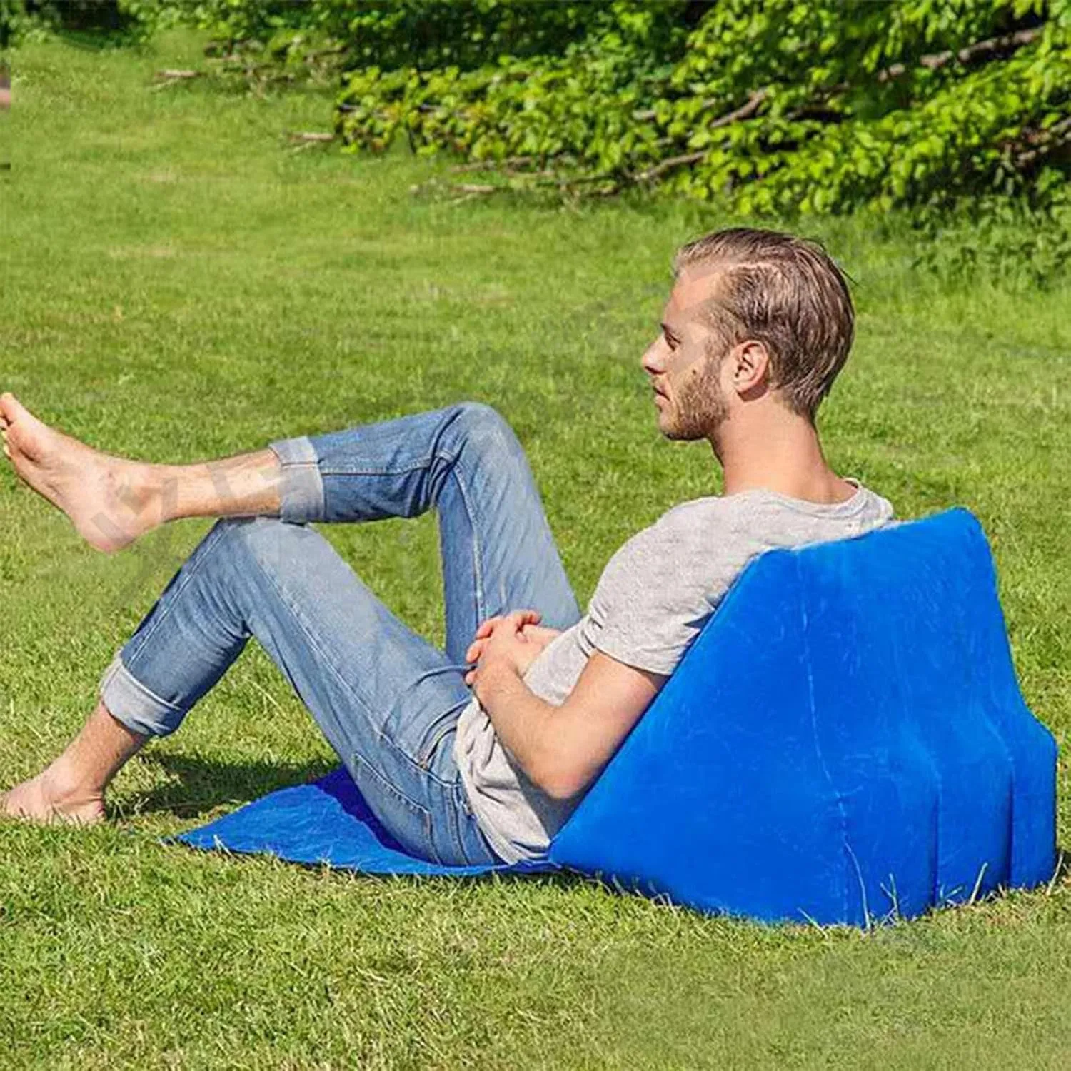 2 Pack Inflatable Beach Mat Lounge Chair with Back Pillow Outdoor Folding Sun Bath Beach Mat Reclining Lounger Portable Flocked Leisure Beach Chair for Camping Lawn Picnic Travel ,One Size, Sky Blue