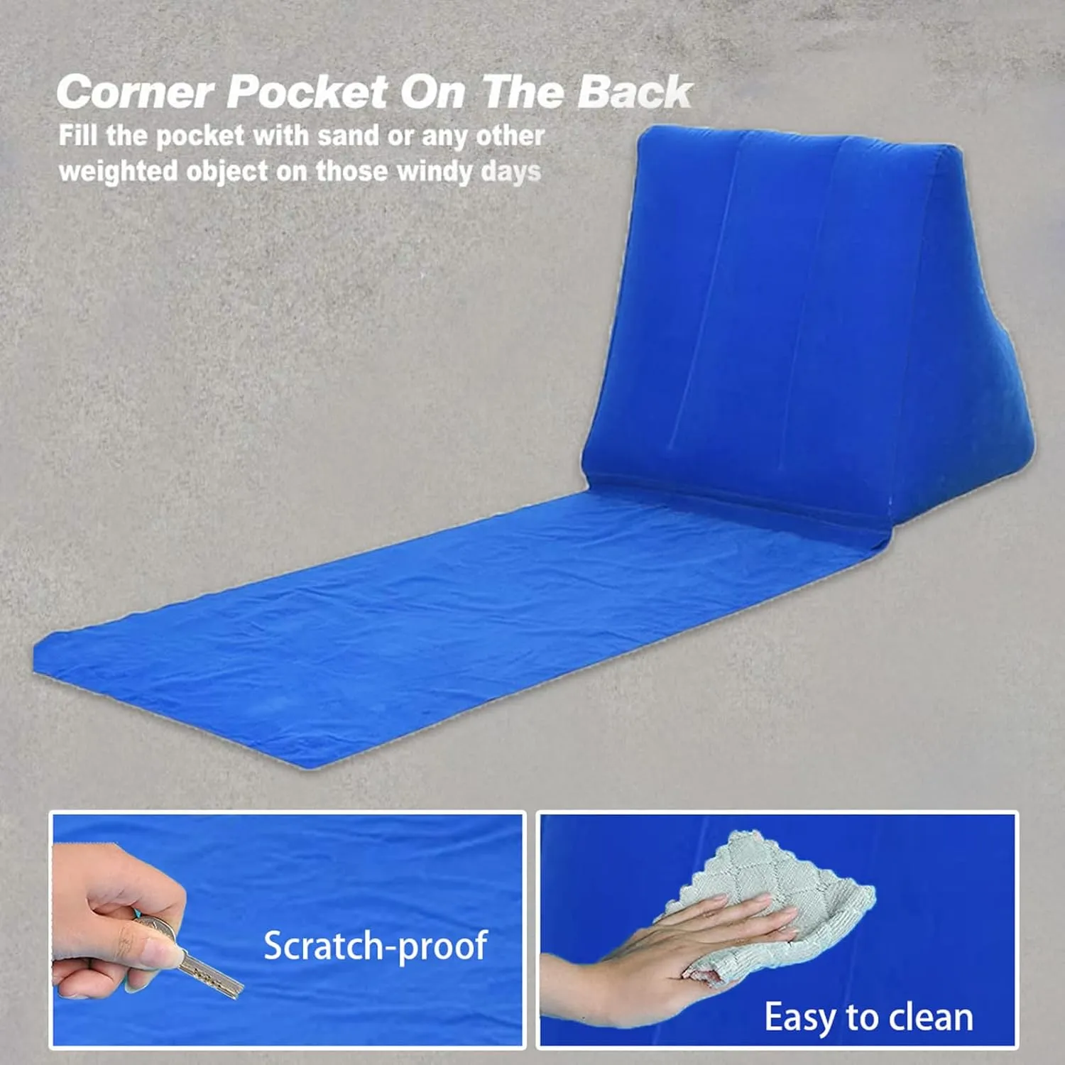 2 Pack Inflatable Beach Mat Lounge Chair with Back Pillow Outdoor Folding Sun Bath Beach Mat Reclining Lounger Portable Flocked Leisure Beach Chair for Camping Lawn Picnic Travel ,One Size, Sky Blue