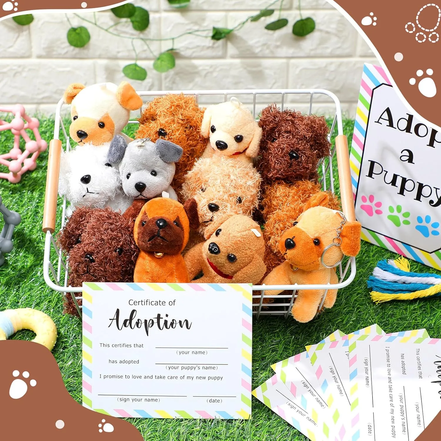 20 Set Adopt A Puppy Favors 20 Small Stuffed Puppy Plush Dogs Bulk with 20 Kraft Paper Boxes 20 Adoption Cards 1 White Fence and 1 Paper Sign for Adopt A Pet Party (Puppy)