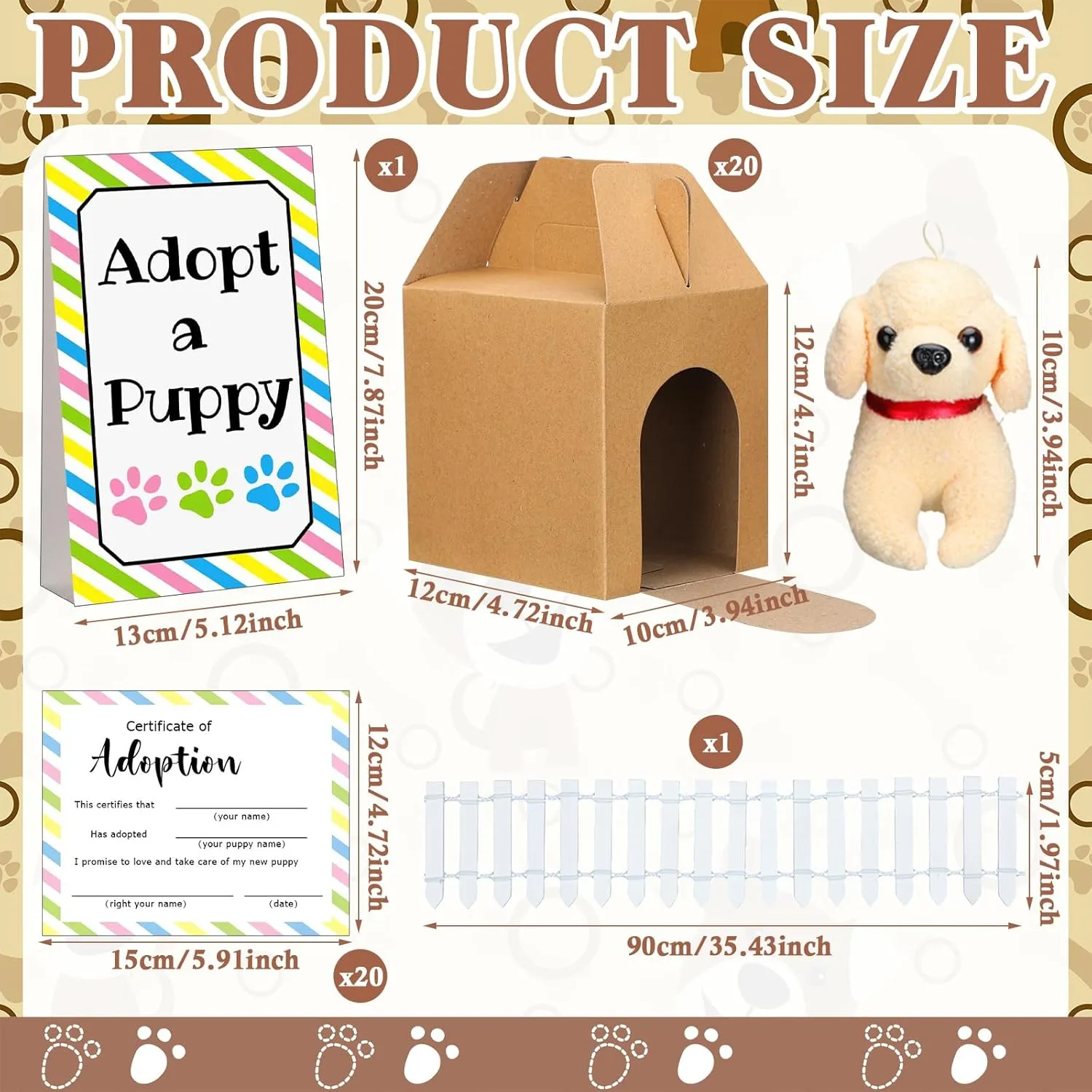 20 Set Adopt A Puppy Favors 20 Small Stuffed Puppy Plush Dogs Bulk with 20 Kraft Paper Boxes 20 Adoption Cards 1 White Fence and 1 Paper Sign for Adopt A Pet Party (Puppy)