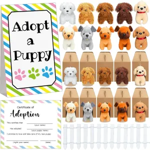20 Set Adopt A Puppy Favors 20 Small Stuffed Puppy Plush Dogs Bulk with 20 Kraft Paper Boxes 20 Adoption Cards 1 White Fence and 1 Paper Sign for Adopt A Pet Party (Puppy)