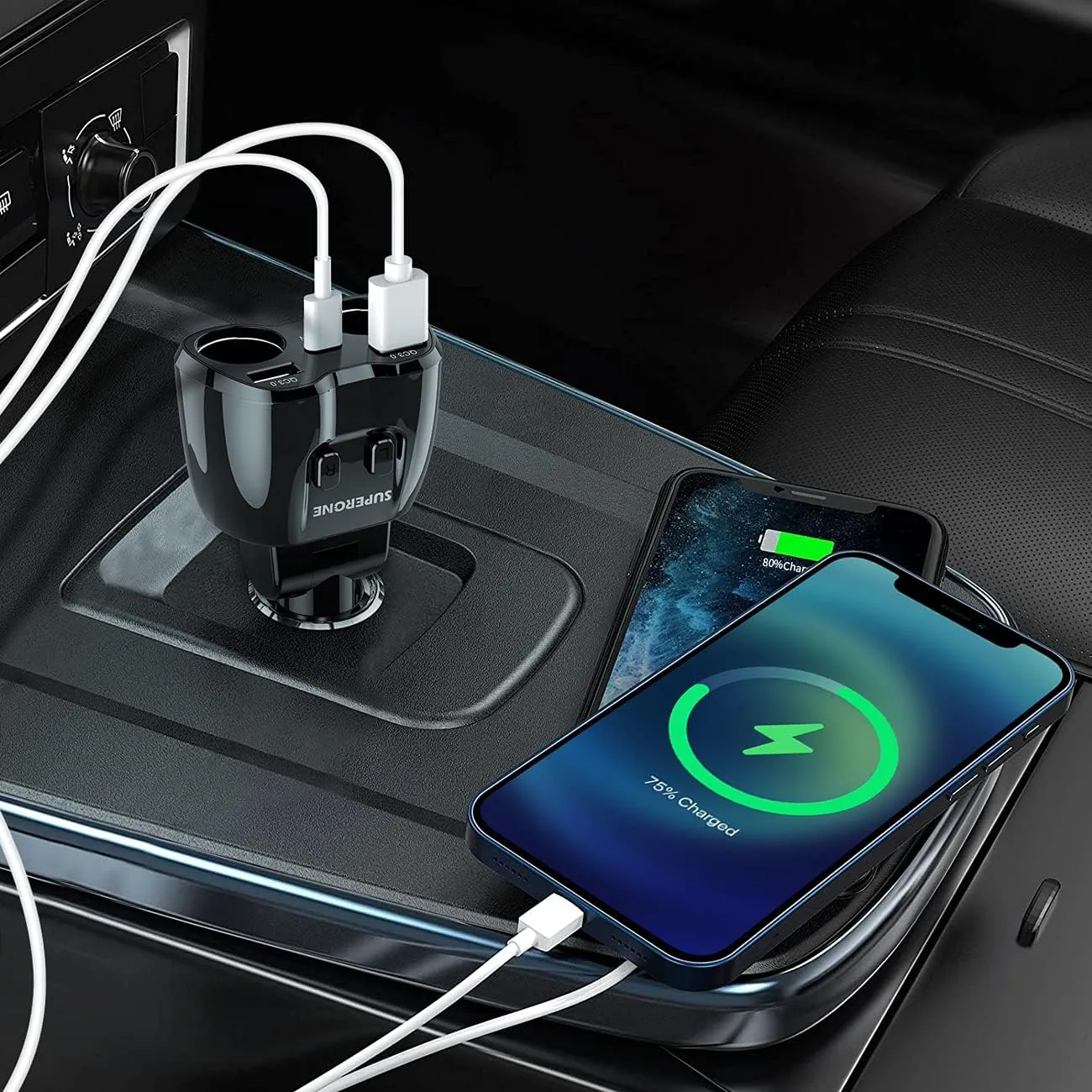 [2025 Upgraded] Cigarette Lighter Splitter, SUPERONE 180W 2-Socket Cigarette Lighter Adapter with Dual QC3.0 and 20W PD USB C Car Charger Splitter for GPS/Dash Cam/Laptop/iPad/iPhone 16/15/14/13/12/11