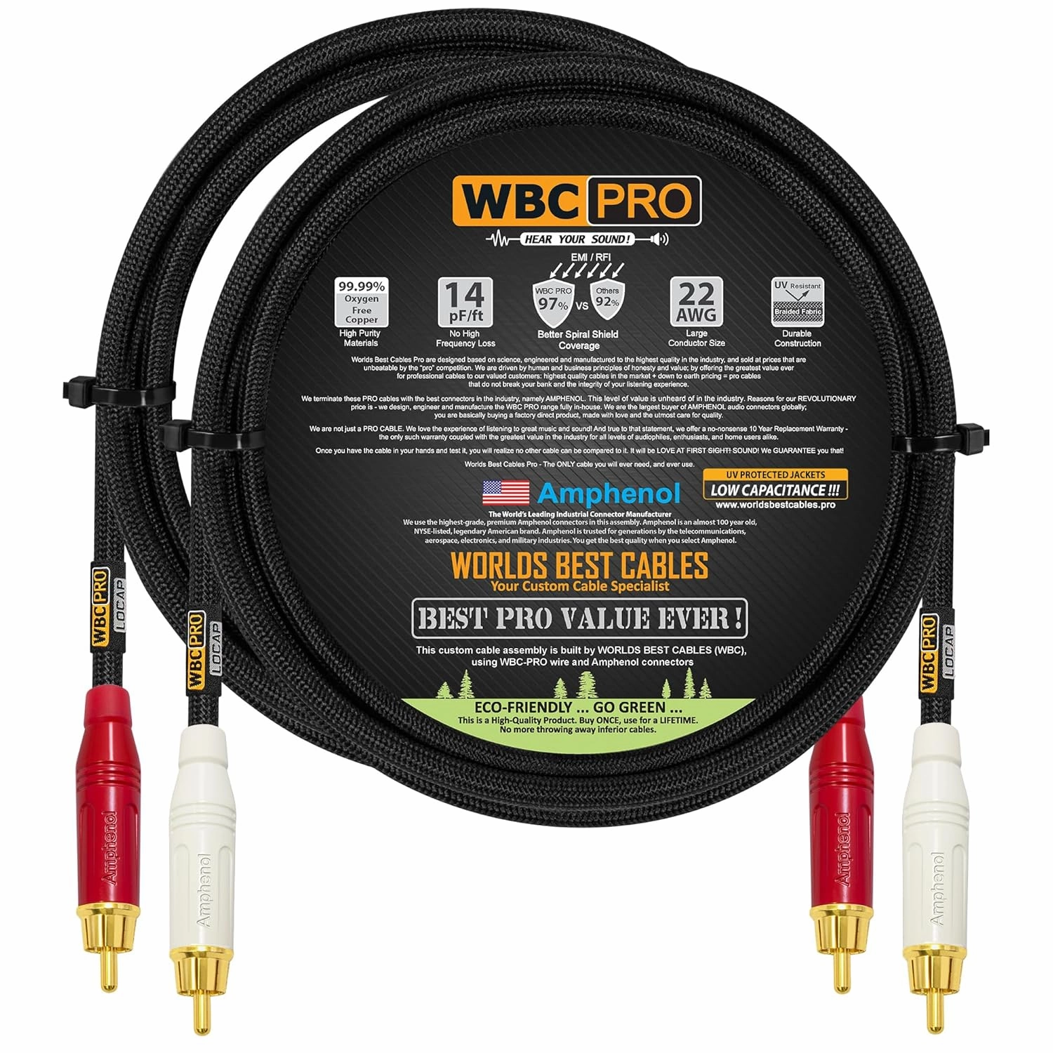 2.5 Foot RCA Cable Pair - WBC-PRO-LOCAP Low-Capacitance (14pF/ft) 22 AWG Ultra-Silent Audiophile & Professional-Grade Audio Interconnect Cable with Amphenol ACPR Gold RCA Plugs & Black Tweed Jacket