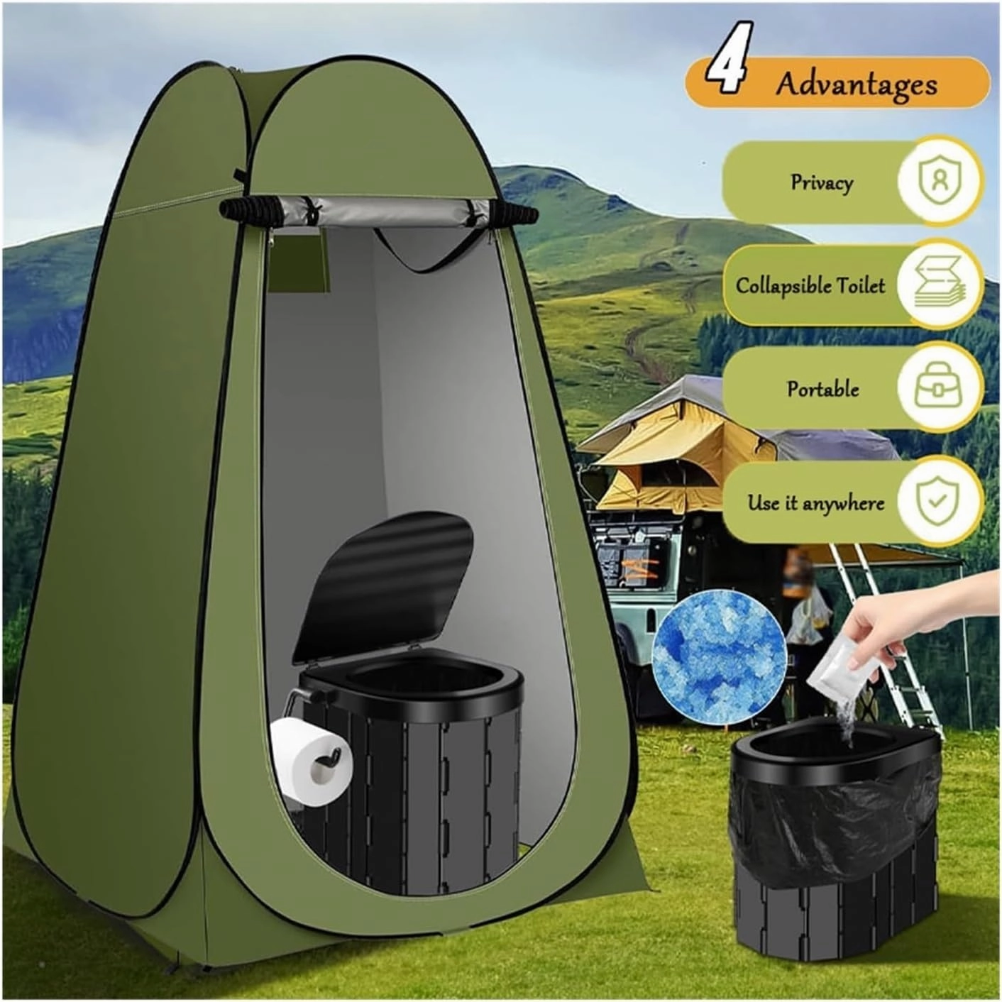 2in1 Foldable Travel Toilet with Weatherproof Tent, Compact Mobile Bathroom Solution for Camping and Road Travel