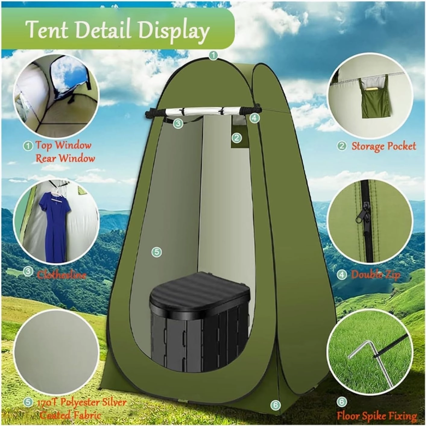 2in1 Foldable Travel Toilet with Weatherproof Tent, Compact Mobile Bathroom Solution for Camping and Road Travel