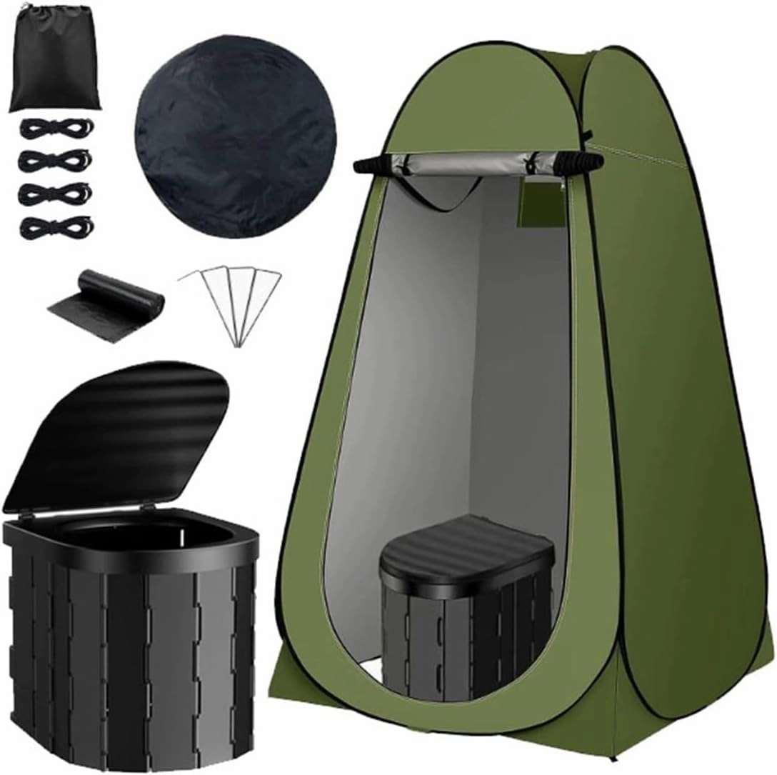2in1 Foldable Travel Toilet with Weatherproof Tent, Compact Mobile Bathroom Solution for Camping and Road Travel