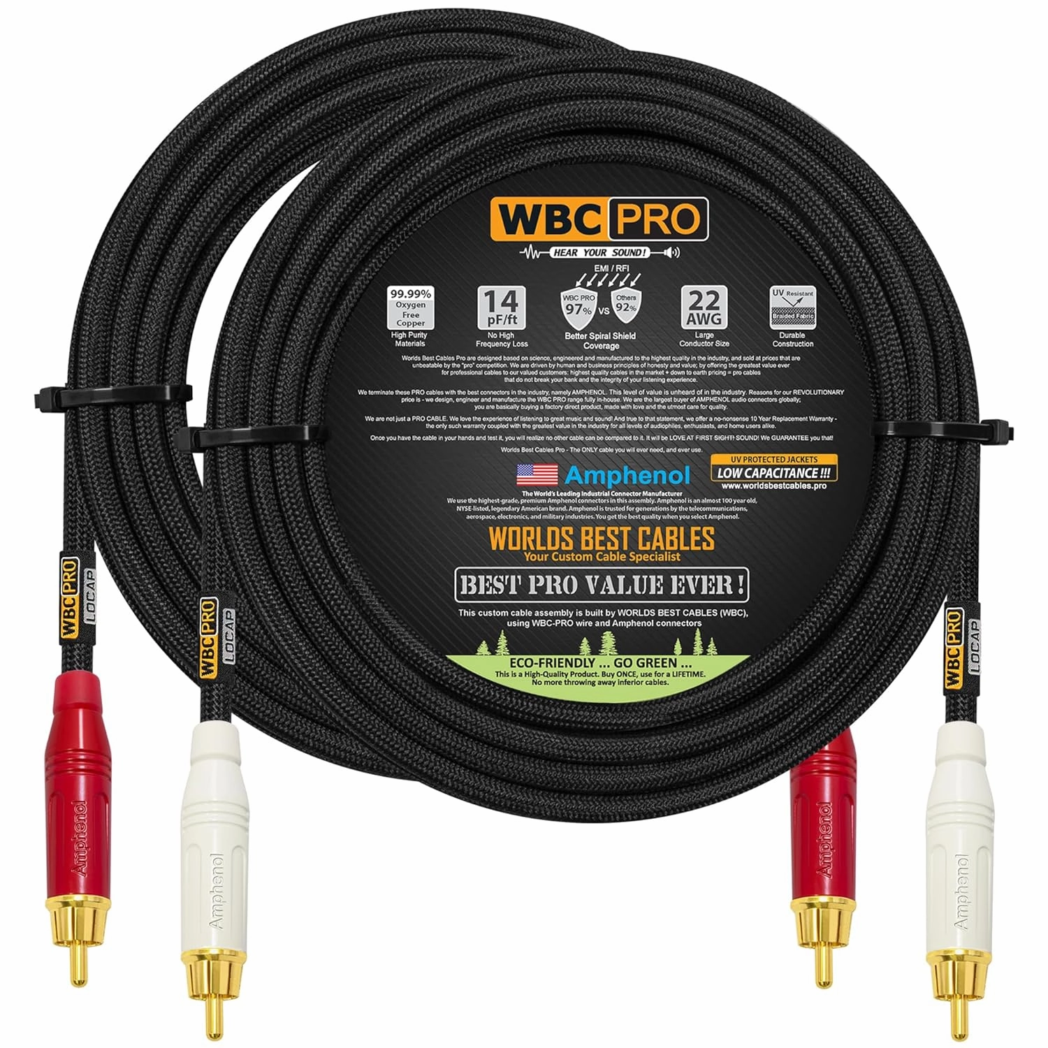 30 Foot RCA Cable Pair - WBC-PRO-LOCAP Low-Capacitance (14pF/ft) 22 AWG Ultra-Silent Audiophile & Professional-Grade Audio Interconnect Cable with Amphenol ACPR Gold RCA Plugs & Black Tweed Jacket