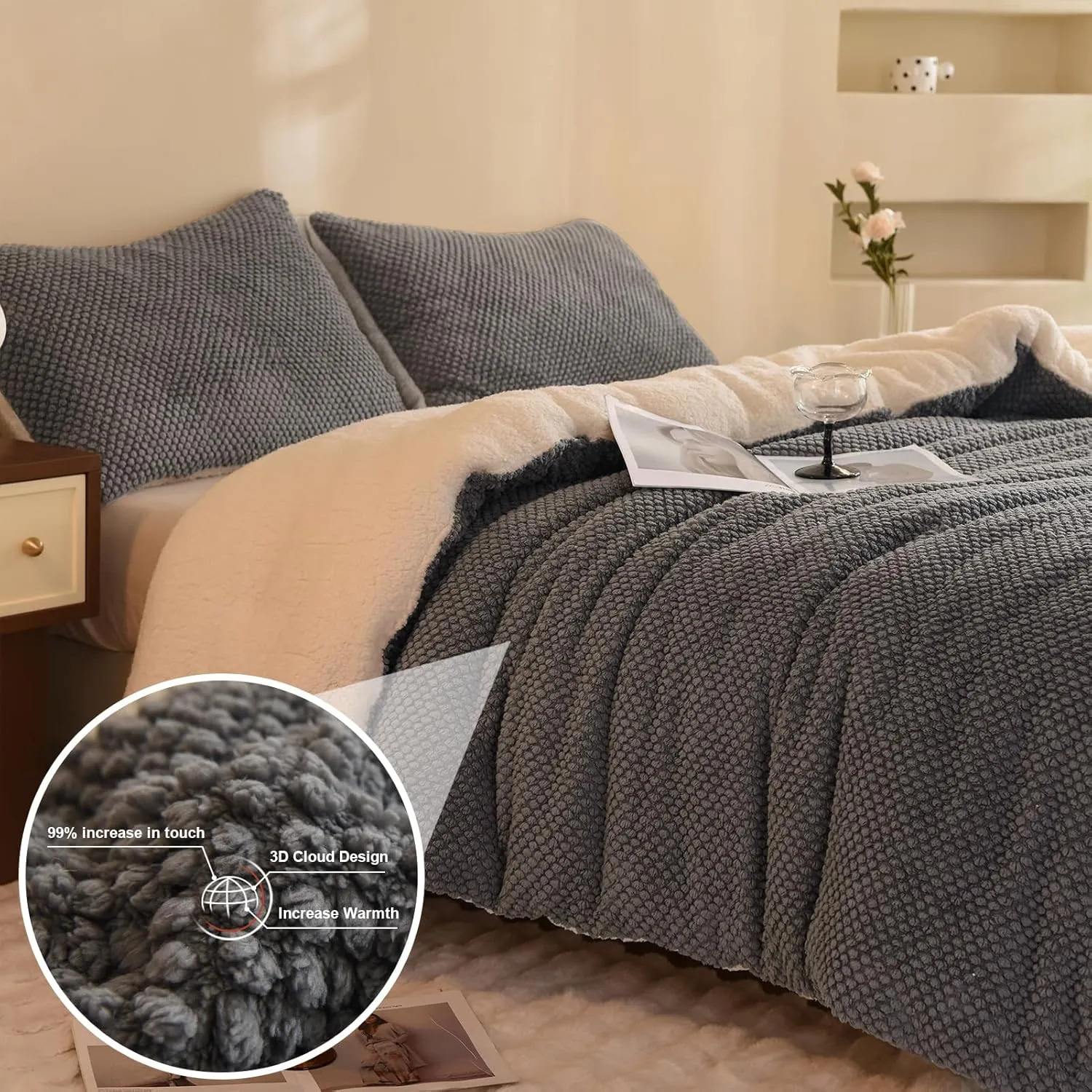 3D Jacquard Design Comforter Set, Ultra-Soft Warm Queen Size Sherpa Fur Plush 3-Pieces Sets Luxury Cozy Bedding with 2 Pillowcases (90"x90", Grey)