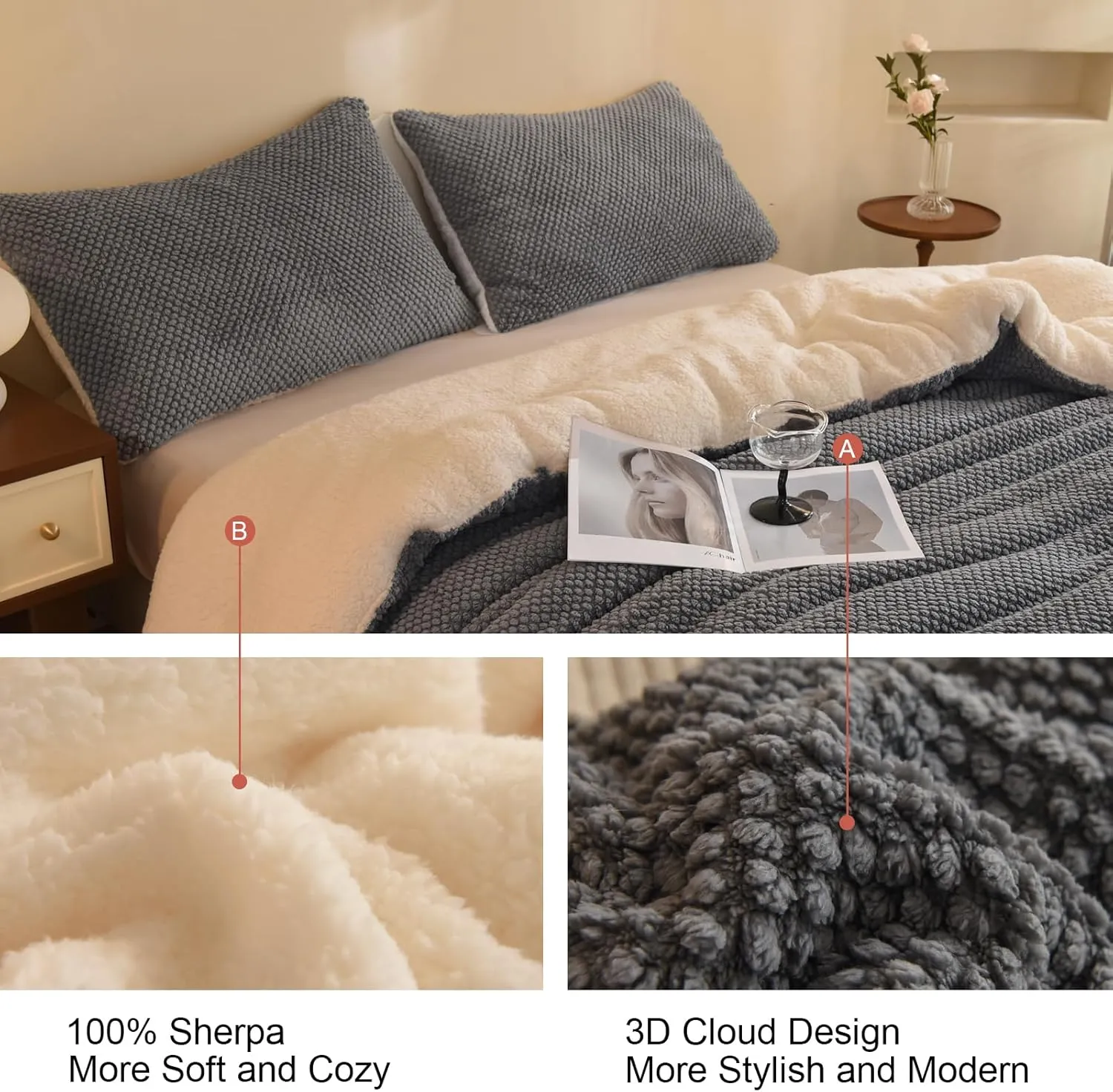 3D Jacquard Design Comforter Set, Ultra-Soft Warm Queen Size Sherpa Fur Plush 3-Pieces Sets Luxury Cozy Bedding with 2 Pillowcases (90"x90", Grey)