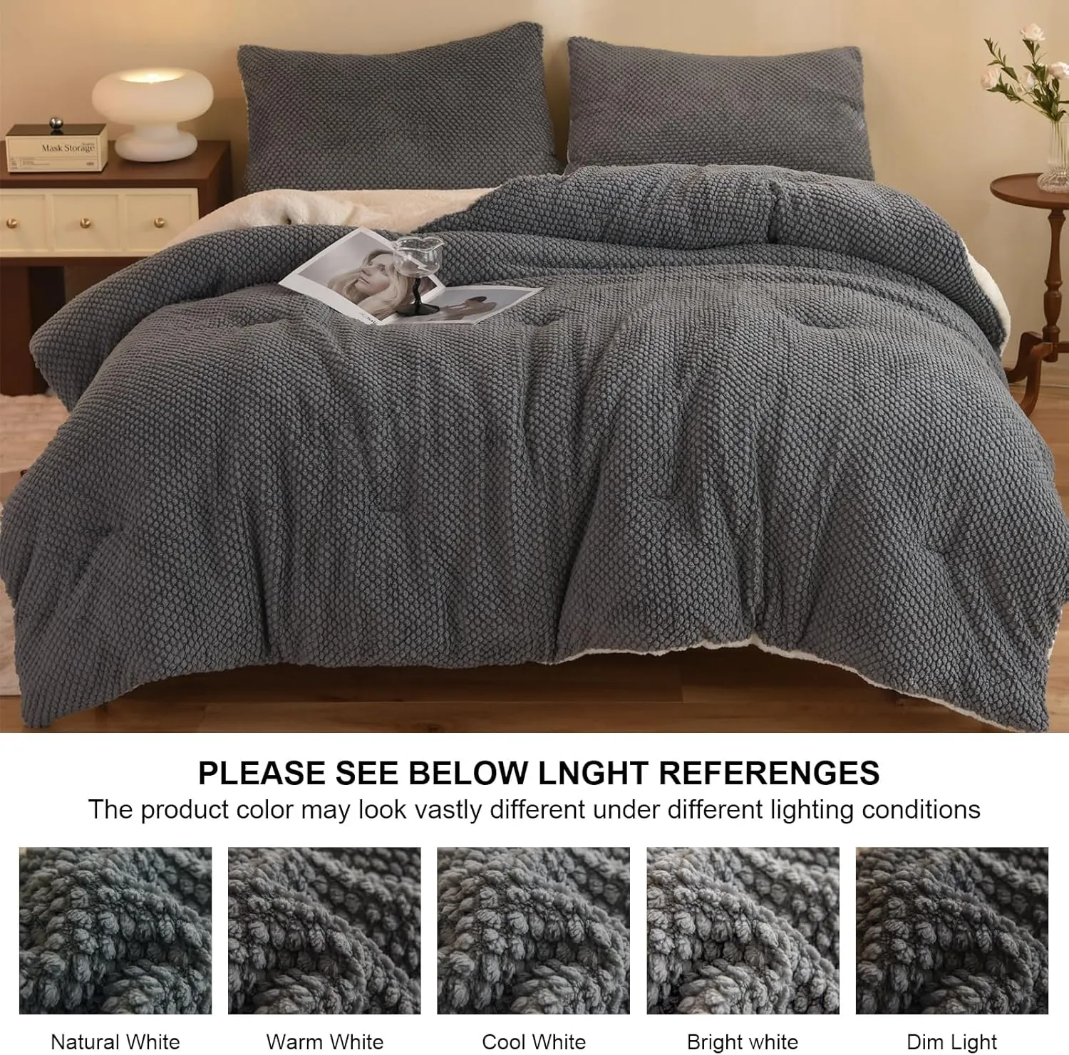 3D Jacquard Design Comforter Set, Ultra-Soft Warm Queen Size Sherpa Fur Plush 3-Pieces Sets Luxury Cozy Bedding with 2 Pillowcases (90"x90", Grey)