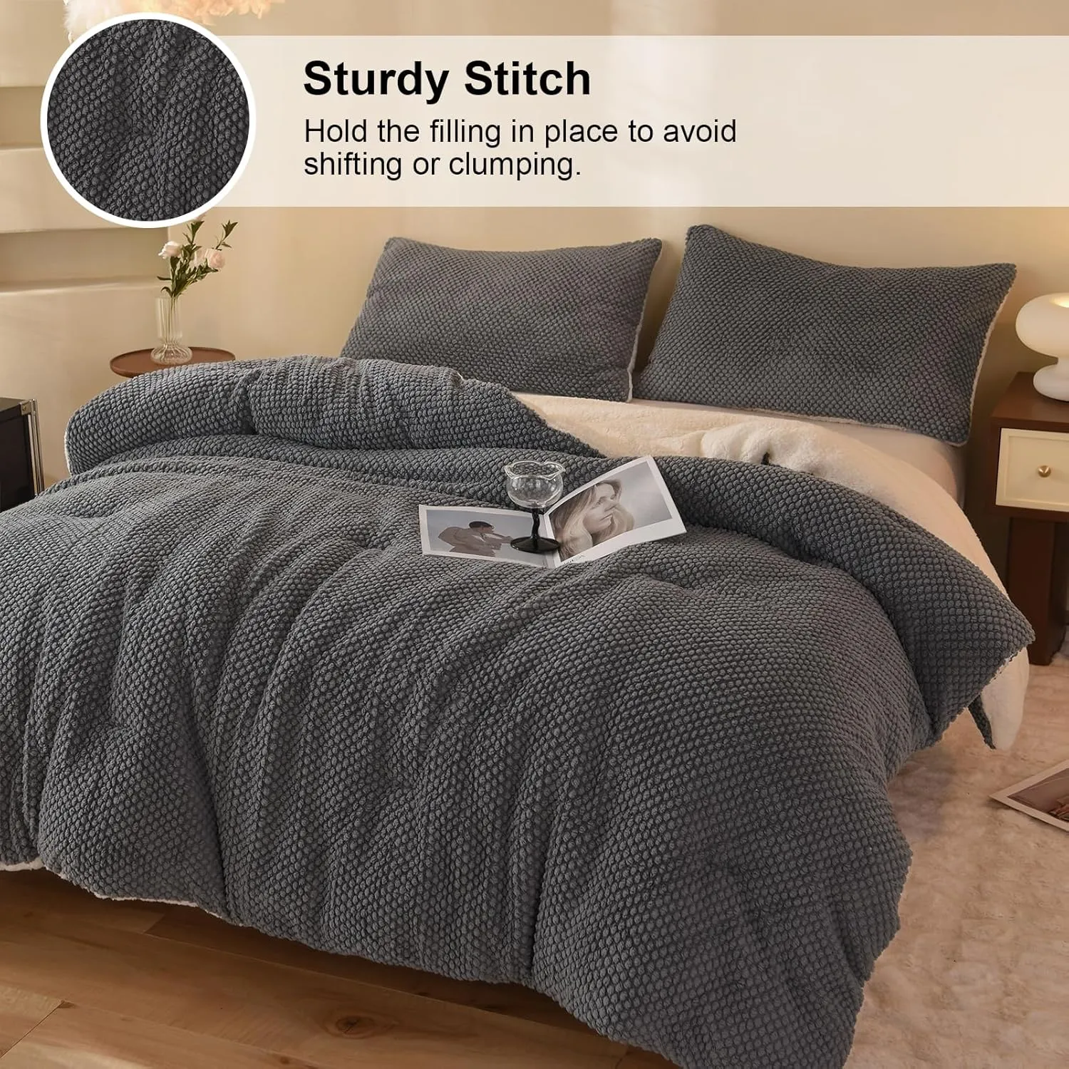 3D Jacquard Design Comforter Set, Ultra-Soft Warm Queen Size Sherpa Fur Plush 3-Pieces Sets Luxury Cozy Bedding with 2 Pillowcases (90"x90", Grey)