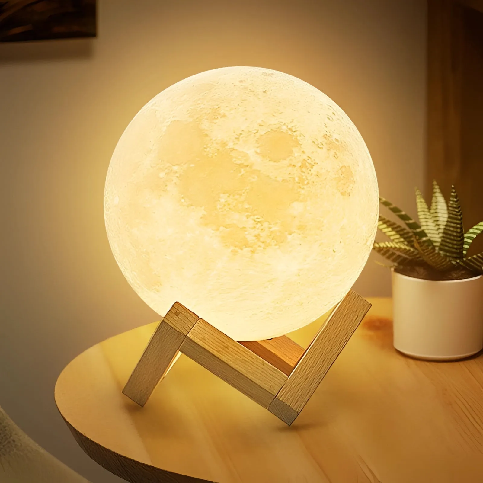 3D Moon Lamp, USB Rechargeable, Touch Control, Wooden Stand
