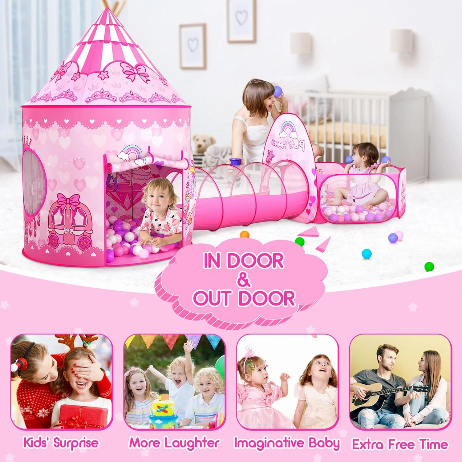 3pc Kids Play Tent for Girls with Ball Pit, Crawl Tunnel, Princess Tents for Toddlers, Baby Space World Playhouse Toys (3PC Princess Dream Tent)