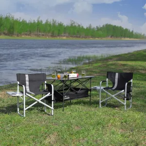 400lb Heavy Duty Folding Table and Chairs Set with Aluminum Roll-Up Table & Oxford Fabric, 3-Piece Outdoor Dining Set for Camping/BBQ/Patio - Compact, Waterproof & Quick Assembly (Black，27.56L)