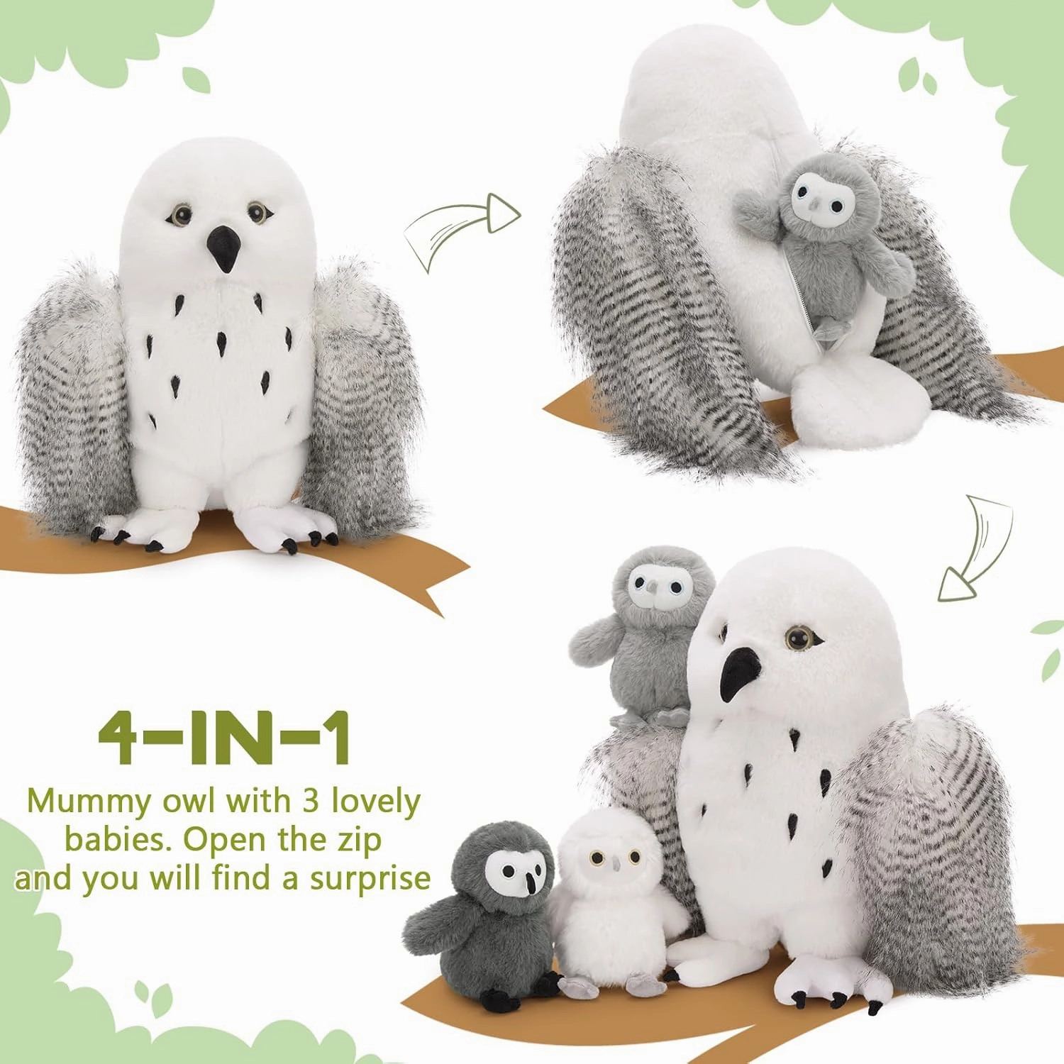 4Pcs Owl Plush Set, Giant Mother Owl Stuffed Animal with 3 Baby Owls Inside, 18" Cute Stuffed Owl for Girls Boys Kids, Soft Owl Plushie Gift for Christmas Birthday Baby Shower