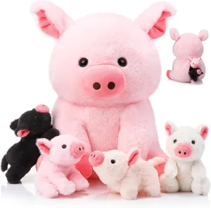5 Pcs Pig Stuffed Animals, 12 Inch Large Plush Mommy Pig with 4 Little Baby in Mother Belly, Gifts for Mothers, Boys and Girls' Graduation Birthday Party Favors(Sitting)