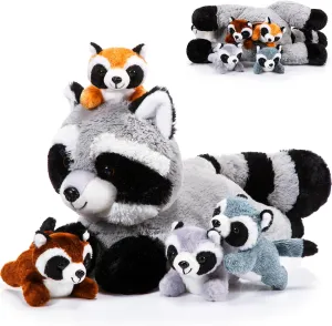 5 Pcs Raccoon Stuffed Animal Set Adorable Mommy Raccoon Plush with 4 Cute Babies in Tummy Soft Cuddly Plushie for Birthday Woodland Party Decor(Lovely Style)
