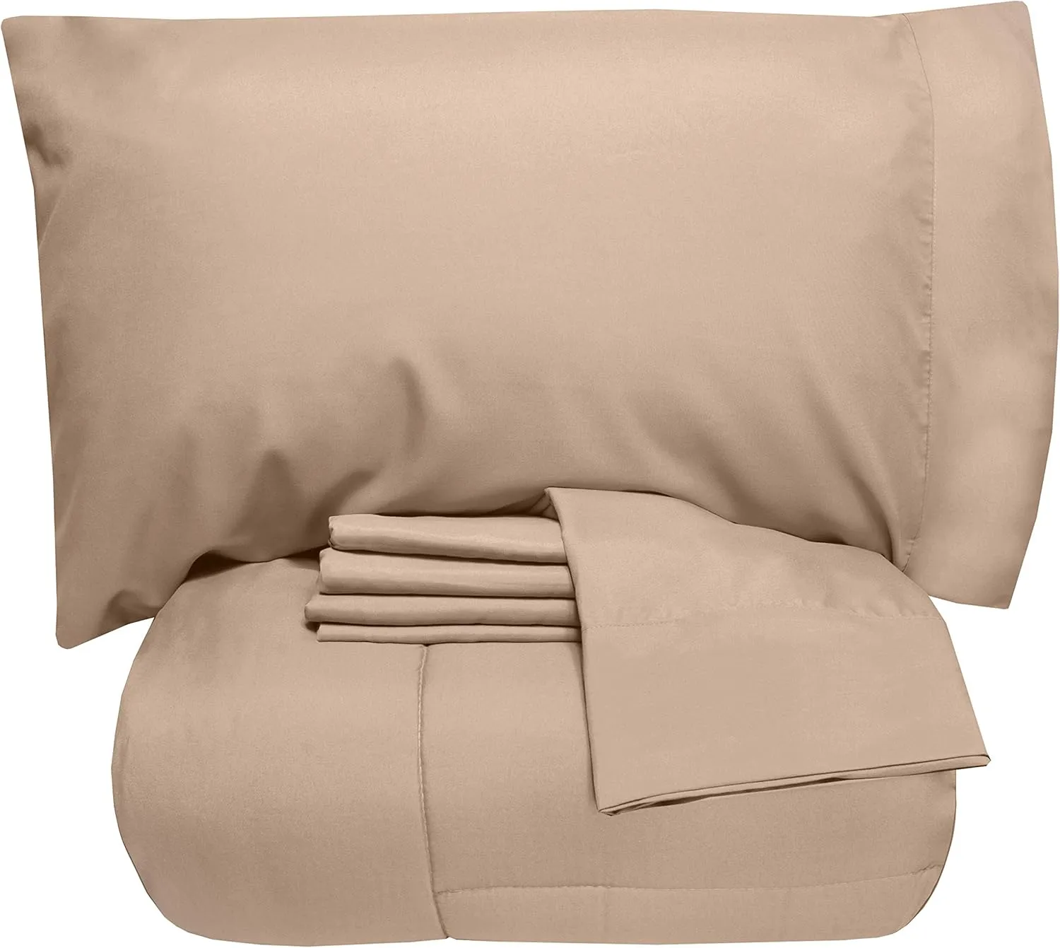 5 Piece Queen Comforter Set All Season Soft Down Alternative Blanket & Luxurious Cotton Fits Mattress Up to 18" Deep Pocket Bed 4 Piece Sheet Set Taupe