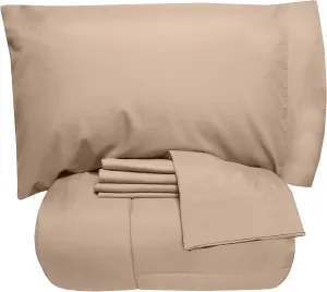 5 Piece Queen Comforter Set All Season Soft Down Alternative Blanket & Luxurious Cotton Fits Mattress Up to 18" Deep Pocket Bed 4 Piece Sheet Set Taupe