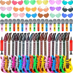 56 Pcs Inflatable Rock Star Toy Set include 18 Blow up Microphones 18 Inflatable Guitars 18 Colorful Heart Shaped Sunglasses and 2 Air Pump for 80s 90s Musical Party Favors