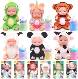 6 Pcs 4 Inch Mini Baby Dolls Set Realistic Baby Doll with Animal Clothes for Kids Cute Dolls with Tiny Feeding Bottles for Children 3  Birthday Party Easter Egg Filler Baby Shower Favors
