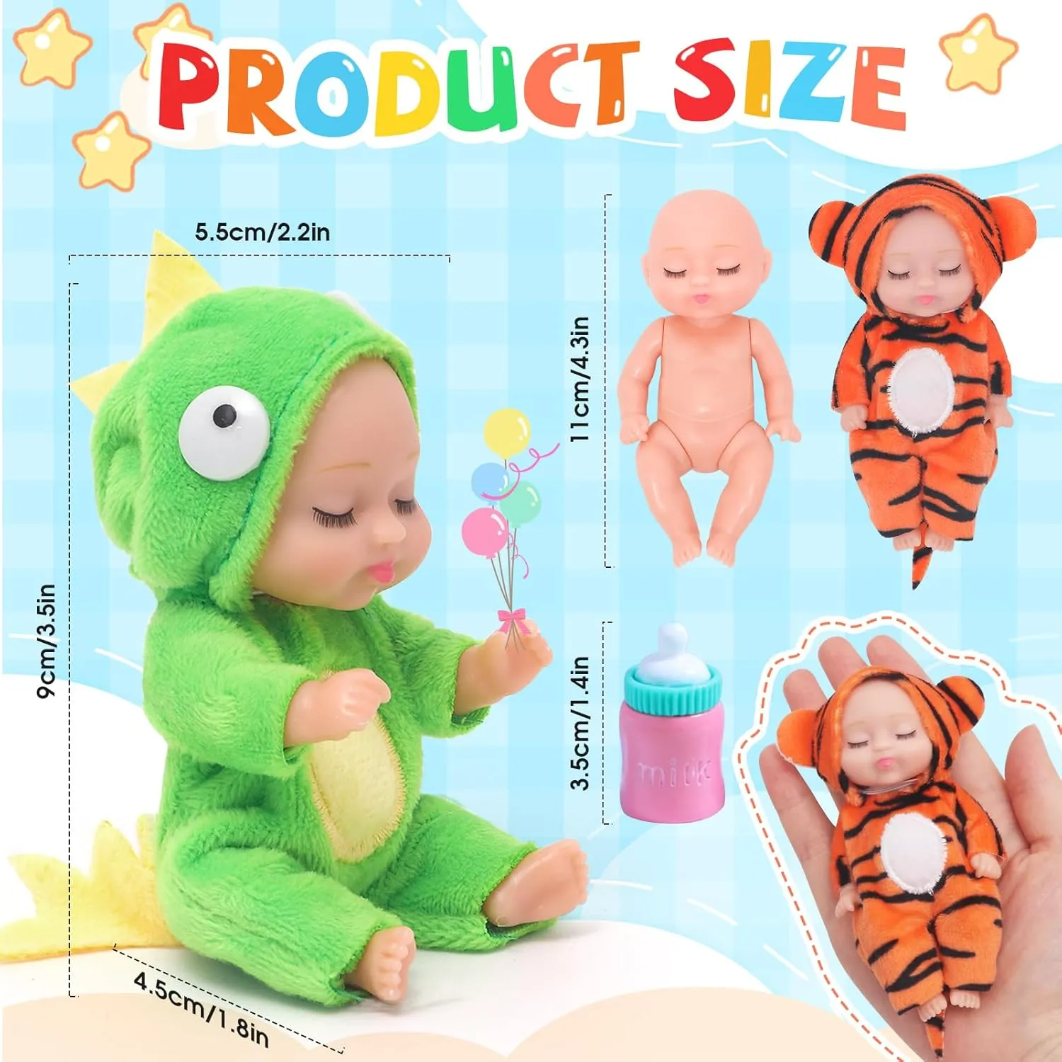6 Pcs 4 Inch Mini Baby Dolls Set Realistic Baby Doll with Animal Clothes for Kids Cute Dolls with Tiny Feeding Bottles for Children 3  Birthday Party Easter Egg Filler Baby Shower Favors