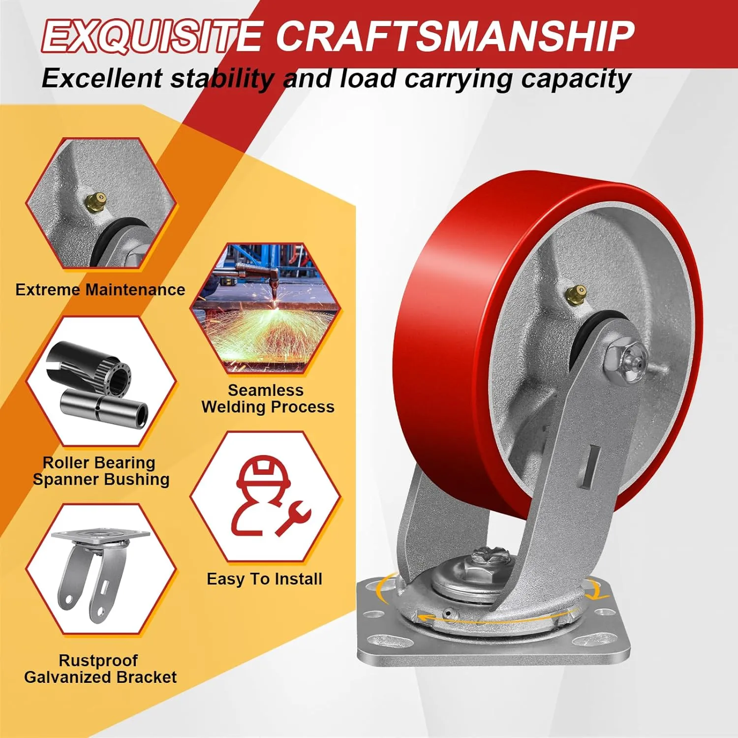 6" X 2" Caster Wheels, Heavy Duty Caster, Polyurethane Wheels/with Roller Bearing, Steel Hub, Capacity up to 1200LBS, Use for Platform Truck, U-Boat Cart,Workbenches(1 Swivel)