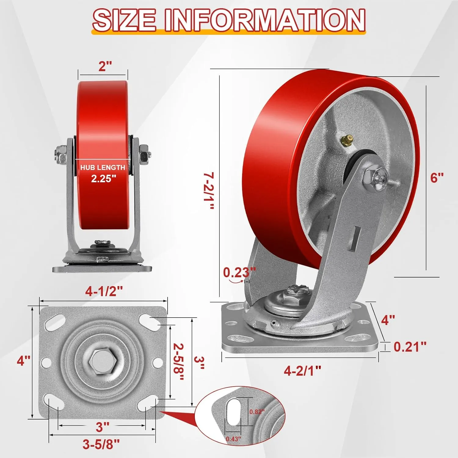 6" X 2" Caster Wheels, Heavy Duty Caster, Polyurethane Wheels/with Roller Bearing, Steel Hub, Capacity up to 1200LBS, Use for Platform Truck, U-Boat Cart,Workbenches(1 Swivel)